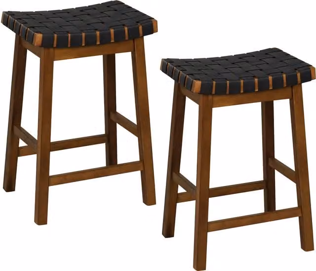 Costway Set of 2 PU Leather Counter Height Stools in Brown and Black with Acacia and Rubberwood Legs