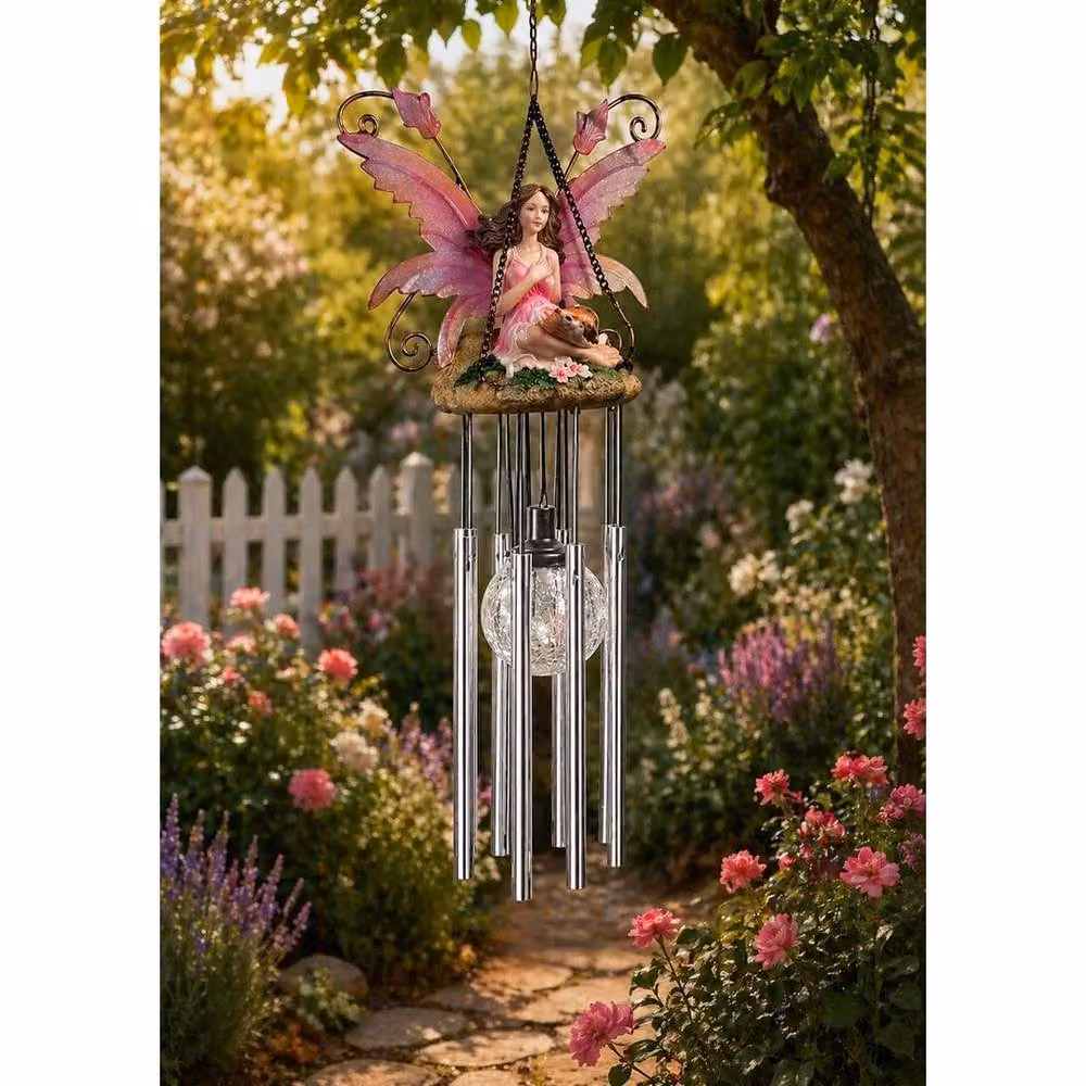 NESTLUNE Pink Hanging Solar Powered Fairy Wind Chime, W: 60 cm, H: 100 cm – 2