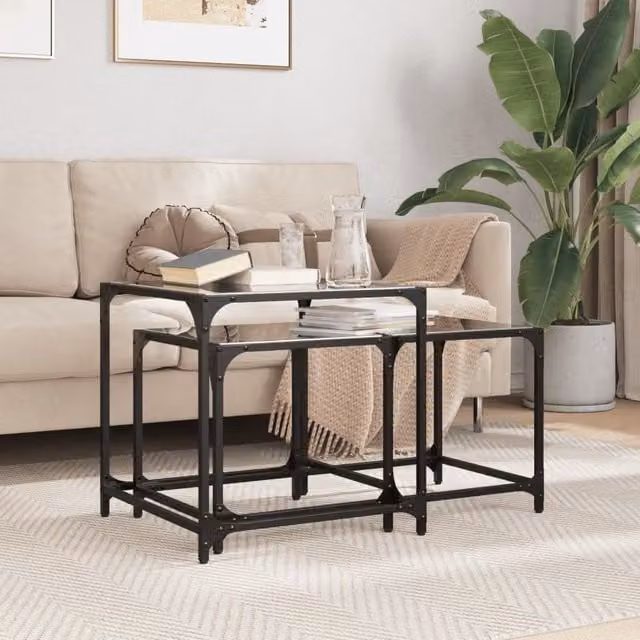 Berkfield Home Nesting Coffee Tables, Set of 2, Black Glossy Glass Top with Steel Frame