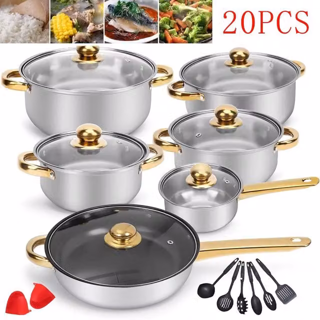 Nordara 20-Piece Gold Stainless Steel Non-Stick Cookware Set in Silver
