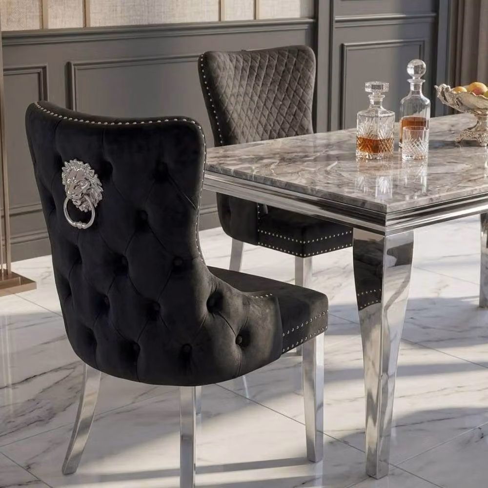 Home Luxe Interior Sofia Grey Marble Dining Table and 4 Victoria Black Lion Silver Chairs – 5