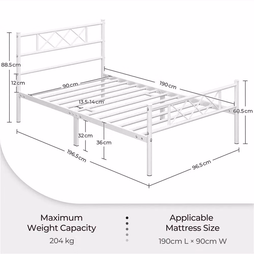 Kelvenix Single Metal Bed Frame in White, W/D/H: 90 x 200 cm – 2
