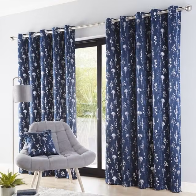 Terrys Fleur Ready Made Eyelet Blockout Curtains, Blue and Silver Floral Design, Thermal Insulating