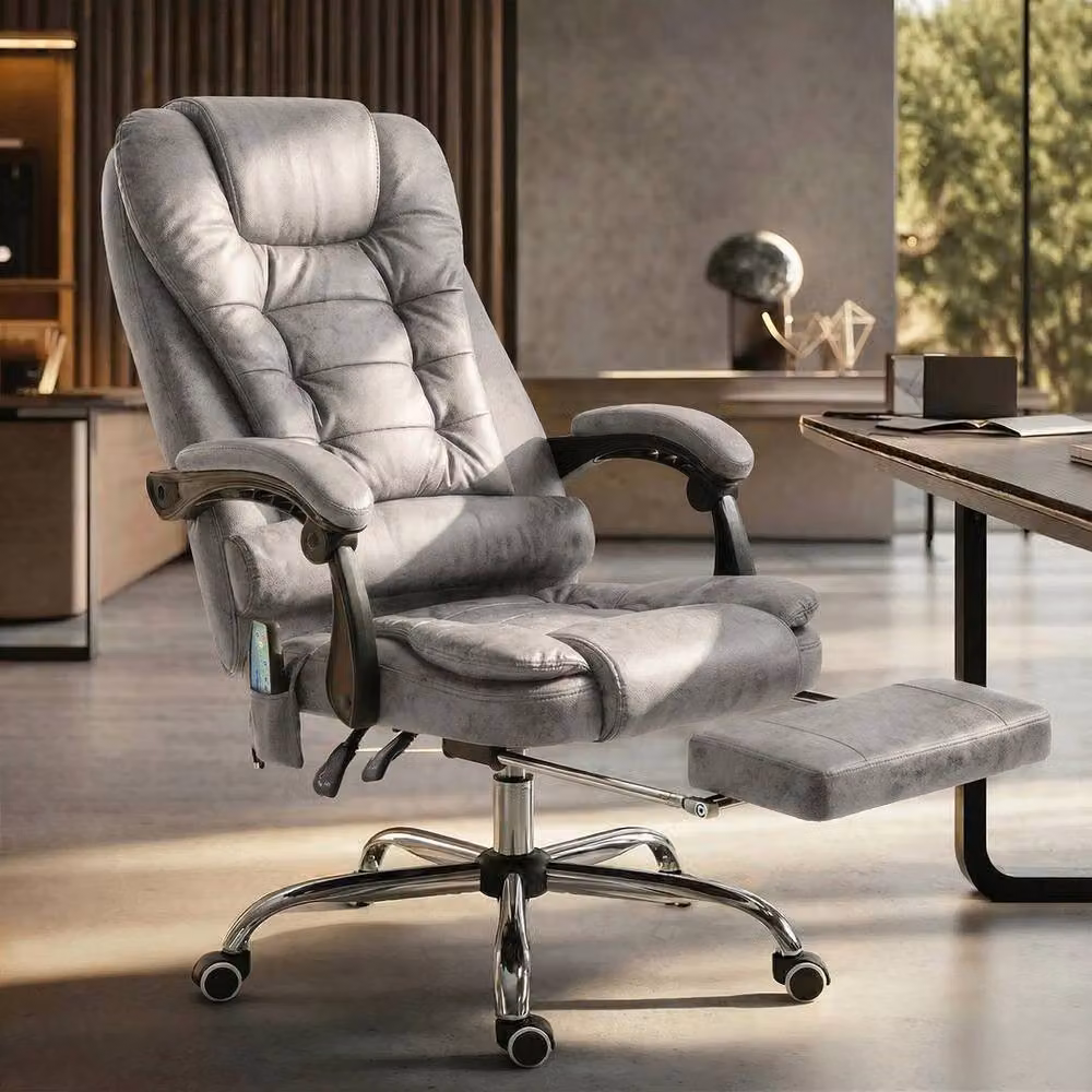 PAWNORA Grey Microfibre Executive Office Chair with 6-Point Heated Vibration Massage and Headrest – 6