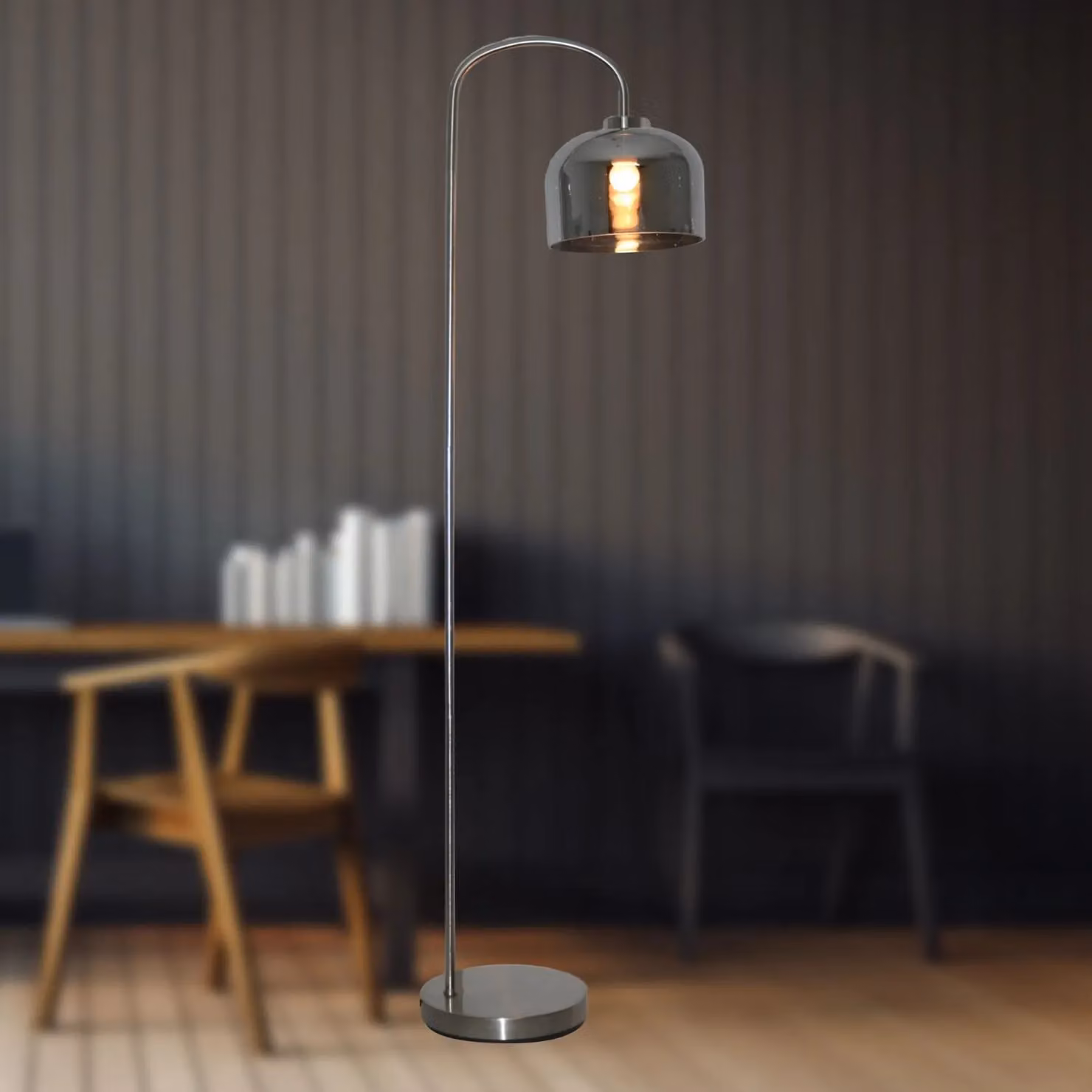 First Choice Lighting Francine Silver Arched Floor Lamp with Smoke Grey Glass Shade – 3