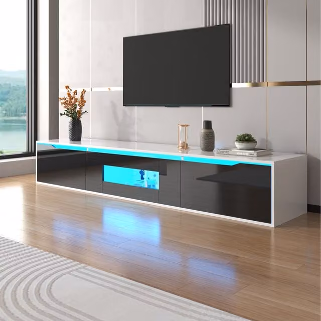 Home Touch Interior Floating Modern High Gloss TV Unit with Wood Top and LED Lights in Black