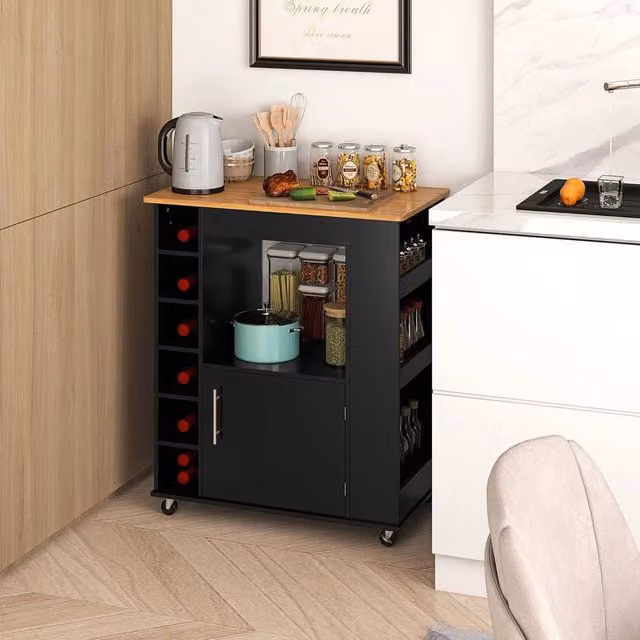 EONLION Black Rolling Kitchen Island Storage Cabinet Trolley