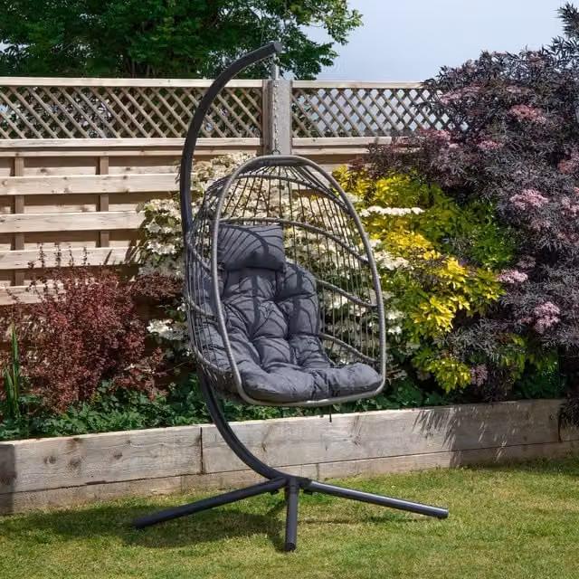 Samuel Alexander Grey Hanging Egg Chair with Stand, Waterproof Cover and Cushions – 1