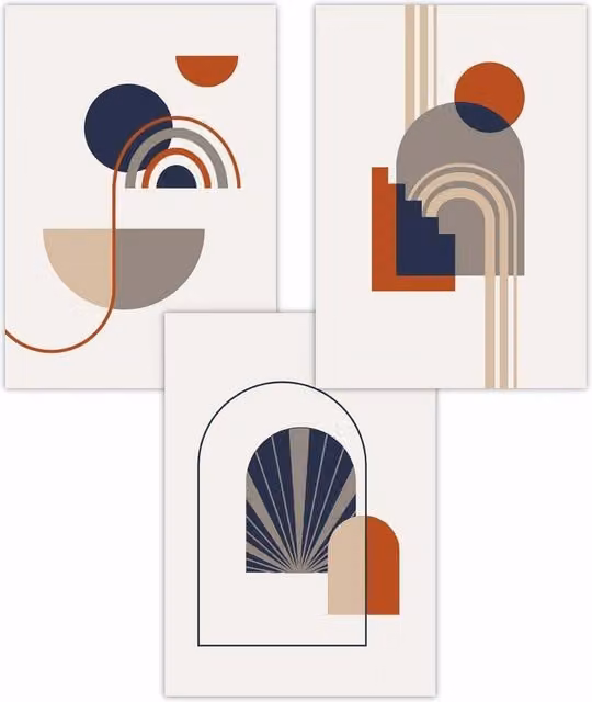 ARTZE Set of 3 Mid Century Geometric Abstract Arches Art Posters in Beige, Blue and Orange, W: 59 cm, H: 84 cm