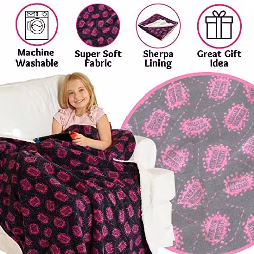 Just Essentials Reversible Geometric Plush Fleece Blanket in Black and Pink, Small – 2