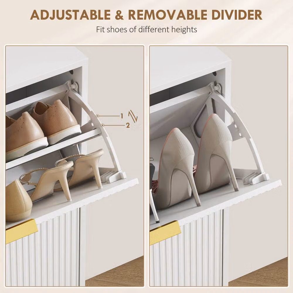 HOMCOM Modern Slim White Shoe Storage Cabinet with 2 Tilting Compartments and Gold Accents for Hallways – 2