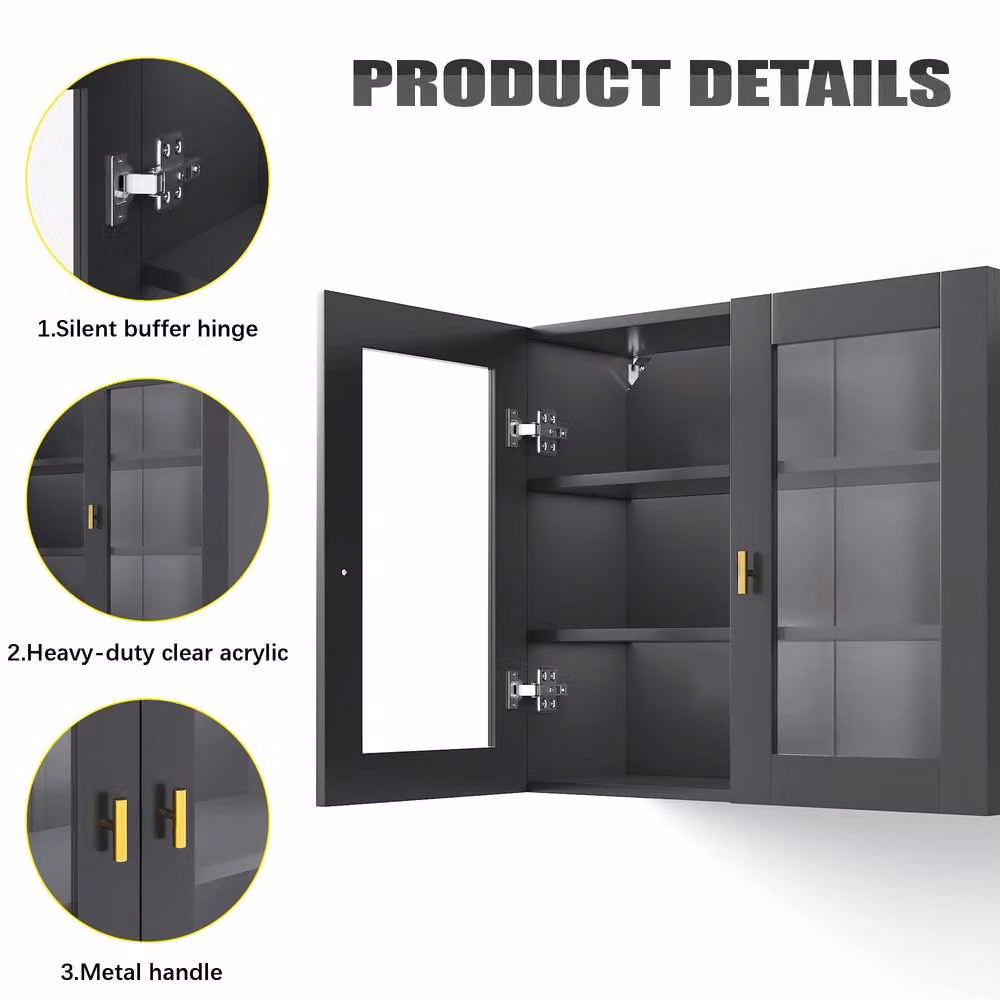 KEEPREAPER Modern Wall Mounted Kitchen Cabinet with 2 Glass Doors, Black and Gold, W/D/H: 70 x 23 x 60 cm – 5