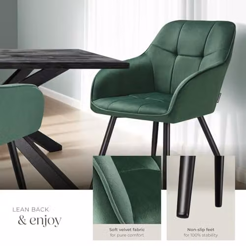 tectake Set of 2 Marilyn Dining Chairs with Velvet-Look Fabric and Geometric Pattern in Dark Green and Black – 5