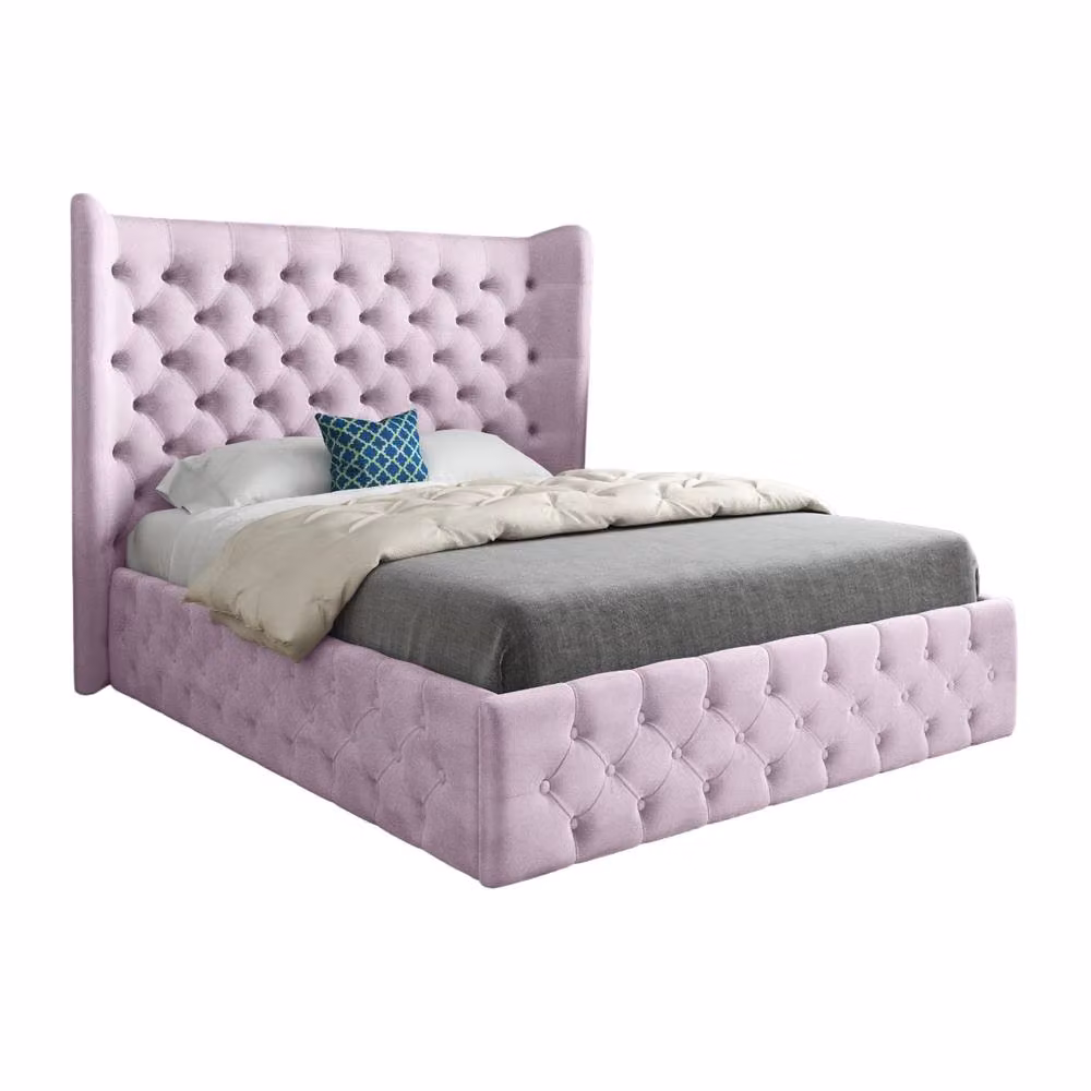 Casani Hutton Wide Winged Upholstered Pink Soft Velvet Designer Bed Frame, W/D/H: 200 x 137 x 220 cm – 3