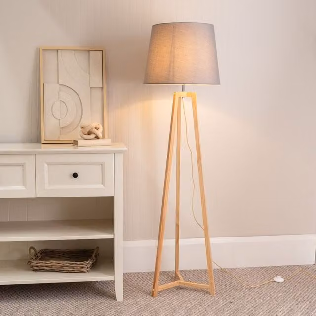 ValueLights Lottie Natural Wood Tripod Floor Lamp with Grey Fabric Tapered Shade and LED Bulb