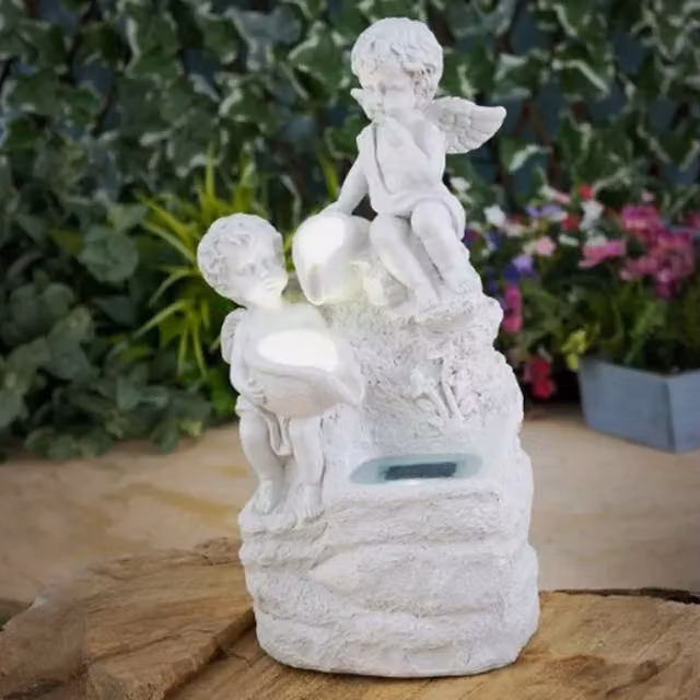 Garden Mile Solar Cherub Ornament Light in White and Grey Resin