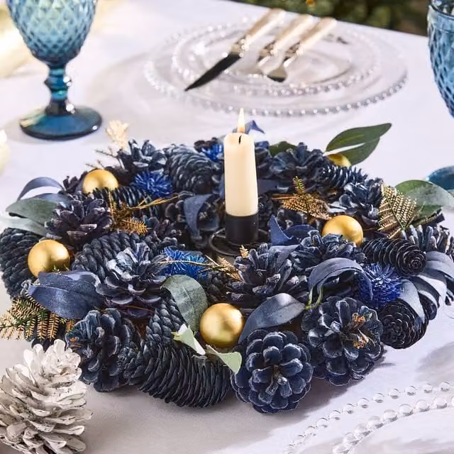 Dibor Moonlight Christmas Table Decoration Centerpiece Wreath in Blue, Diameter: 35 cm – 1