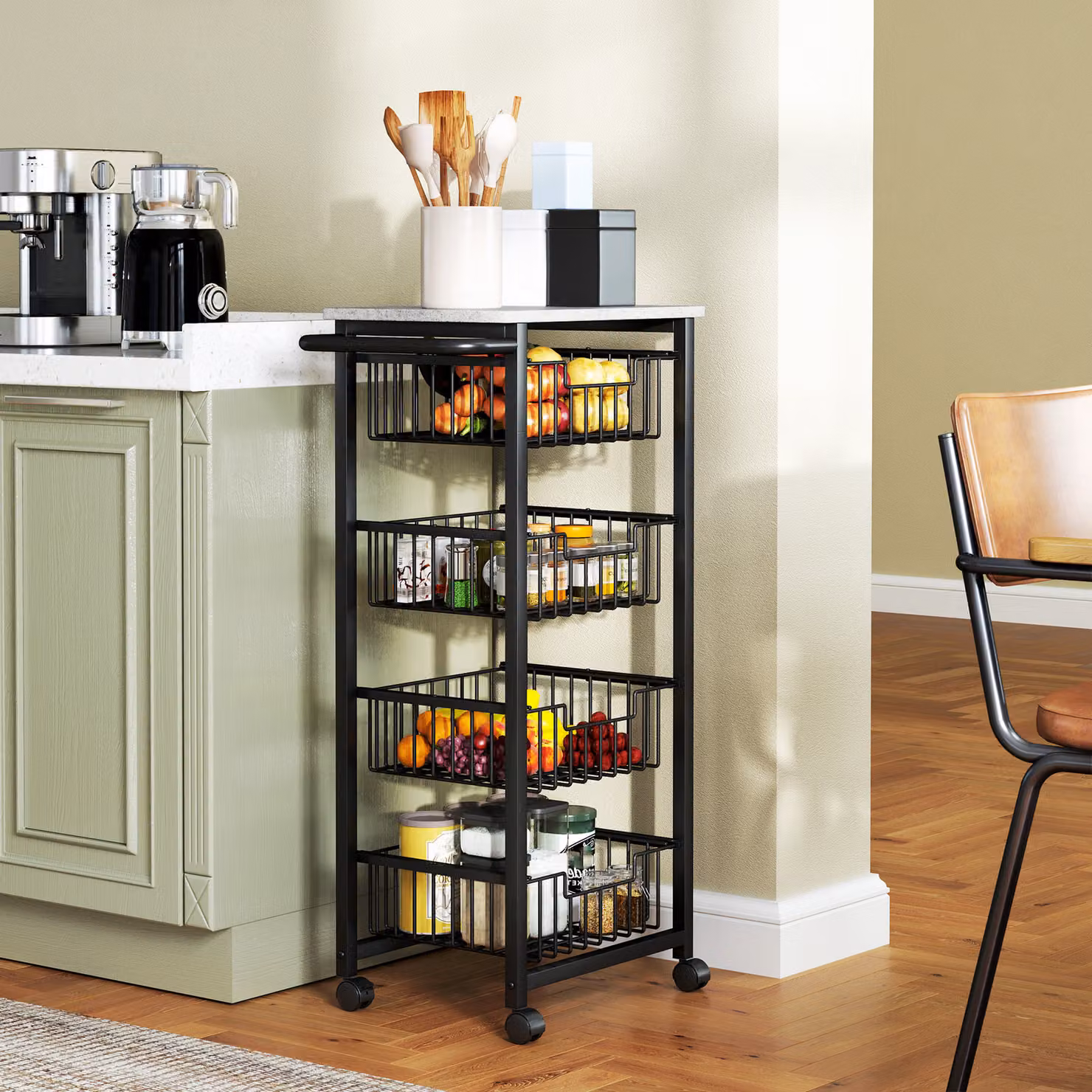 HOMCOM Four Basket Mobile Kitchen Island with Brakes in Grey and Black – 2