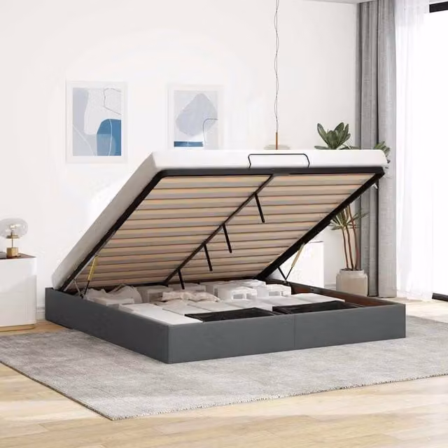 Berkfield Home Upholstered Ottoman Bed Frame in Dark Grey Fabric, W: 200 cm, D: 200 cm