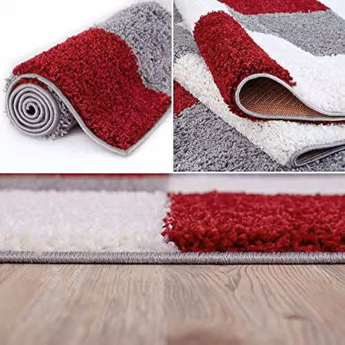 THE RUGS Modern Checked Shaggy Area Rug in Red and Grey, W/D/H: 110 x 60 x 3 cm – 6