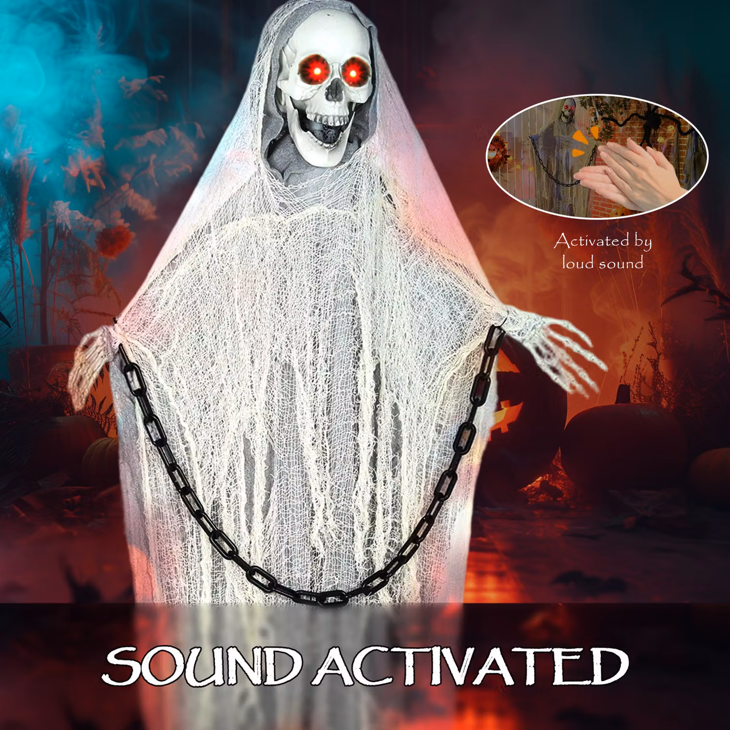 Outsunny Life Size Halloween Animated Grim Reaper Skeleton with Glowing LED Eyes, White, Height: 183 cm – 5