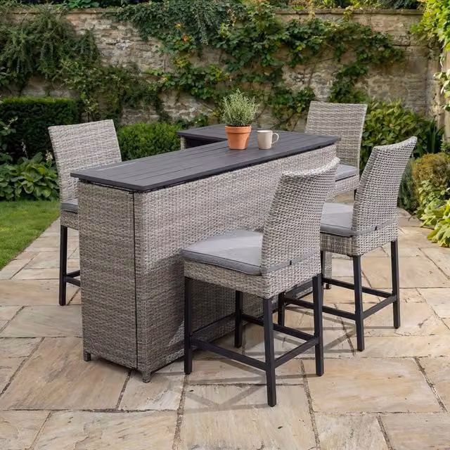 New Hampshire 4 Seater Grey Polyrattan Bar Set with Rectangular Table and Serving Tiers