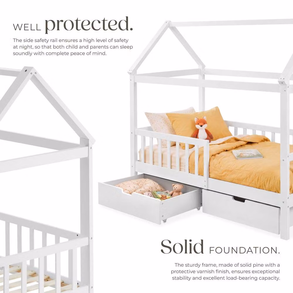tectake Childrens House Frame Bed in White Lacquered Pine Wood with Drawers, W/D/H: 90 x 200 x 169 cm – 3