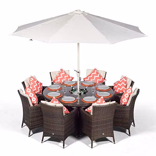 Thats Furniture Giardino Savannah 8 Seater Rattan Garden Dining Set with Ice Bucket Drinks Cooler in Brown, Diameter: 155 cm