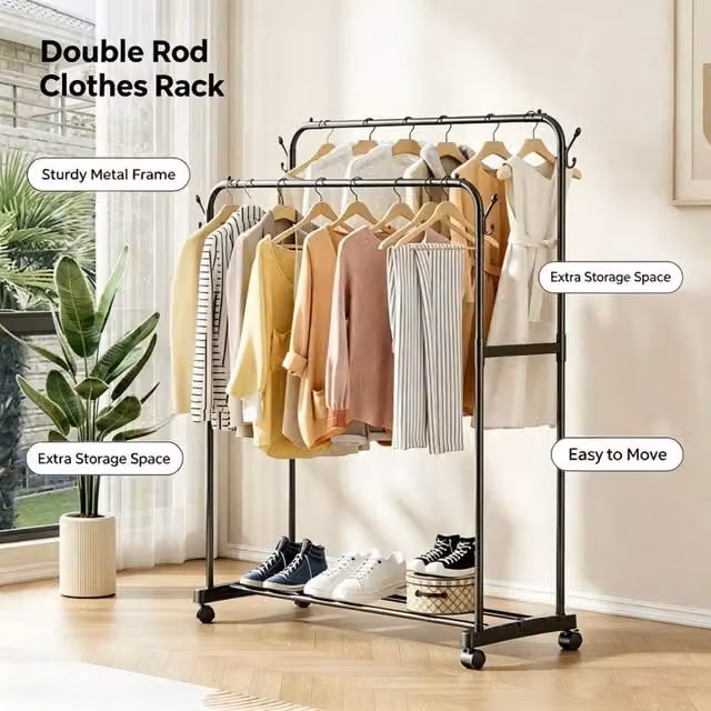 NESTLUNE Heavy Duty Matt Black Metal Clothes Rail with Dual Hook and Rail Matrix