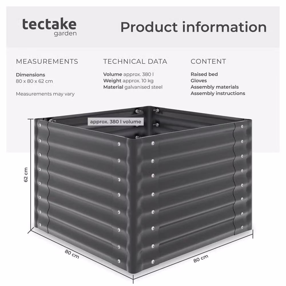 tectake Salvia Raised Garden Bed in Grey Galvanised Steel, W/D/H: 80 x 80 x 62 cm – 6