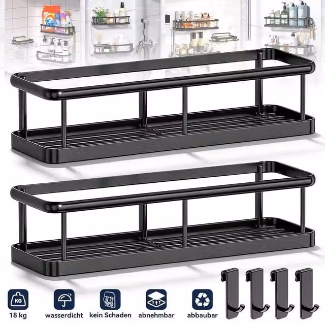 FORGEVIO 2 Piece Wall Mounted Metal Shower, Bathroom and Kitchen Storage Rack Caddy in Black, W: 180 cm, H: 180 cm – 1