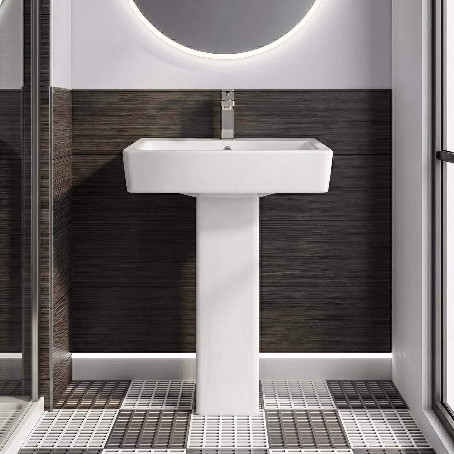 Balterley Square 1 Tap Hole Basin with Full Pedestal, White, W: 52 cm, D: 42 cm, H: 82 cm – 5