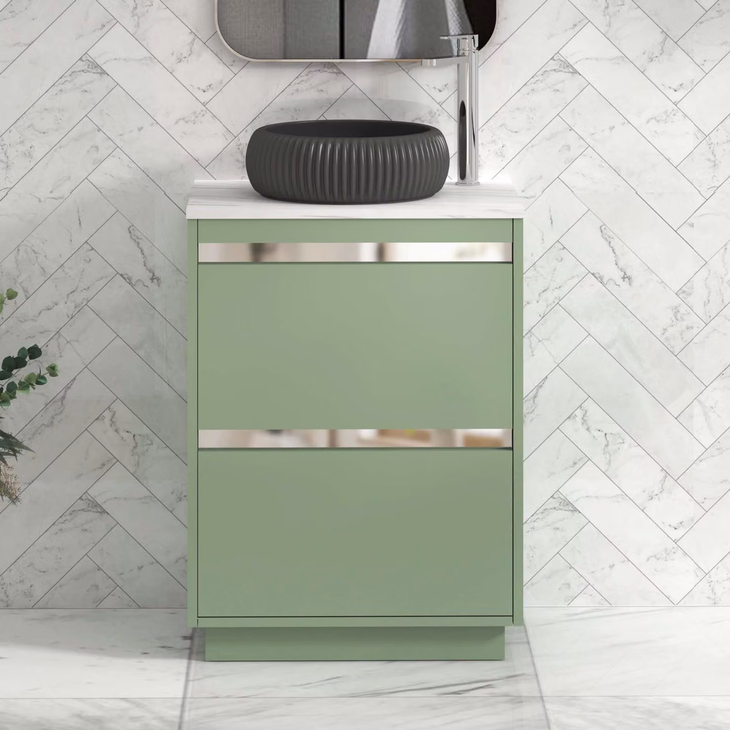 Royal Bathrooms Orion 600mm Mint Sage Floor Standing Countertop Vanity Unit with 2 Drawers, Milan Black Basin and Chrome Accent Trim
