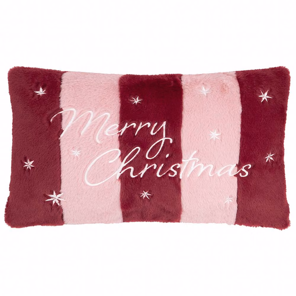 Furn Merry Christmas Striped Faux Fur Rectangular Cushion in Red and Pink, W/D/H: 50 x 30 x 1 cm – 2