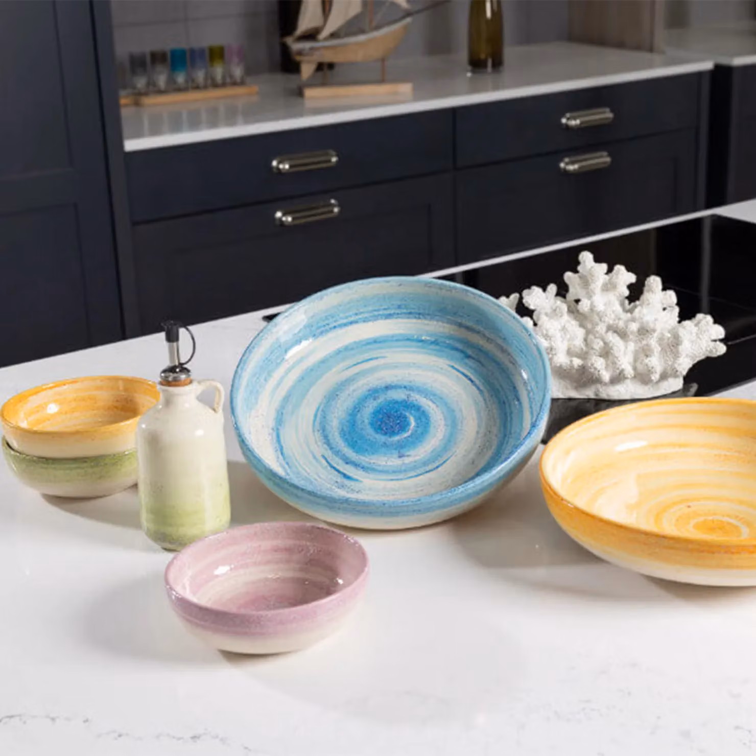Verano Spanish Ceramics Pastel Beach Hand Painted Multicolour Ceramic Shallow Bowls, Set of 4, Diameter: 14 cm, Height: 5 cm – 2