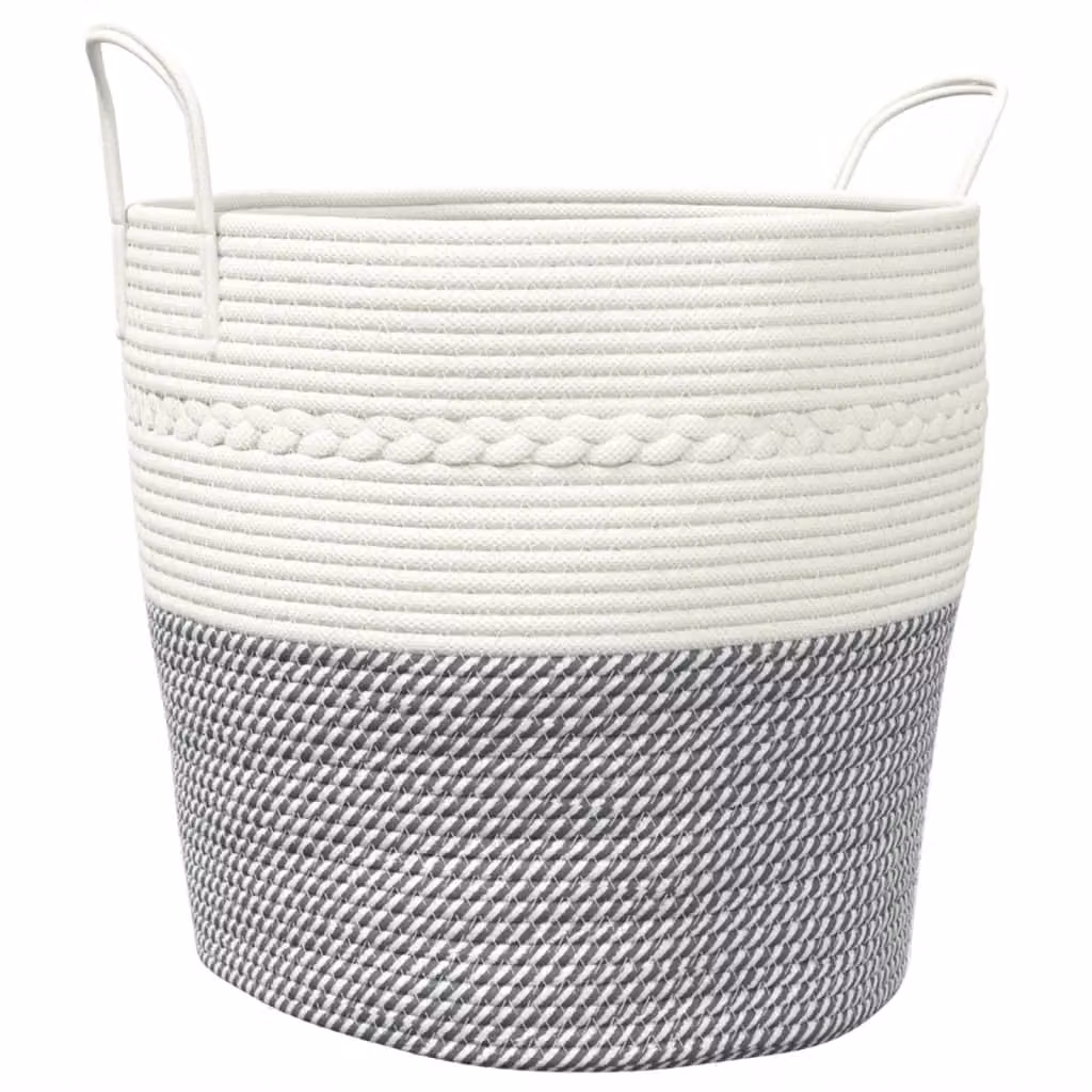 Berkfield Grey and White Open Weave Cotton Storage Basket with Handles, W: 43 cm, D: 38 cm, H: 38 cm – 2