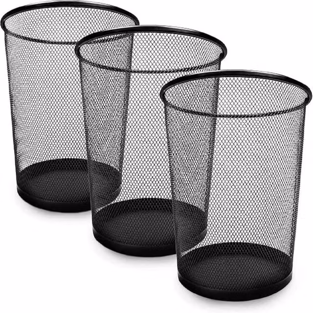 Keplin 3-Pack Round Metal Mesh Waste Paper Bins in Black and Silver – 1