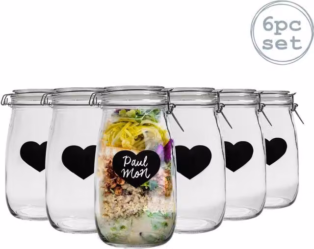 Nicola Spring Pack of 6 Airtight and Leakproof Glass Storage Jars with Labels, 1.5 l, Transparent and Yellow