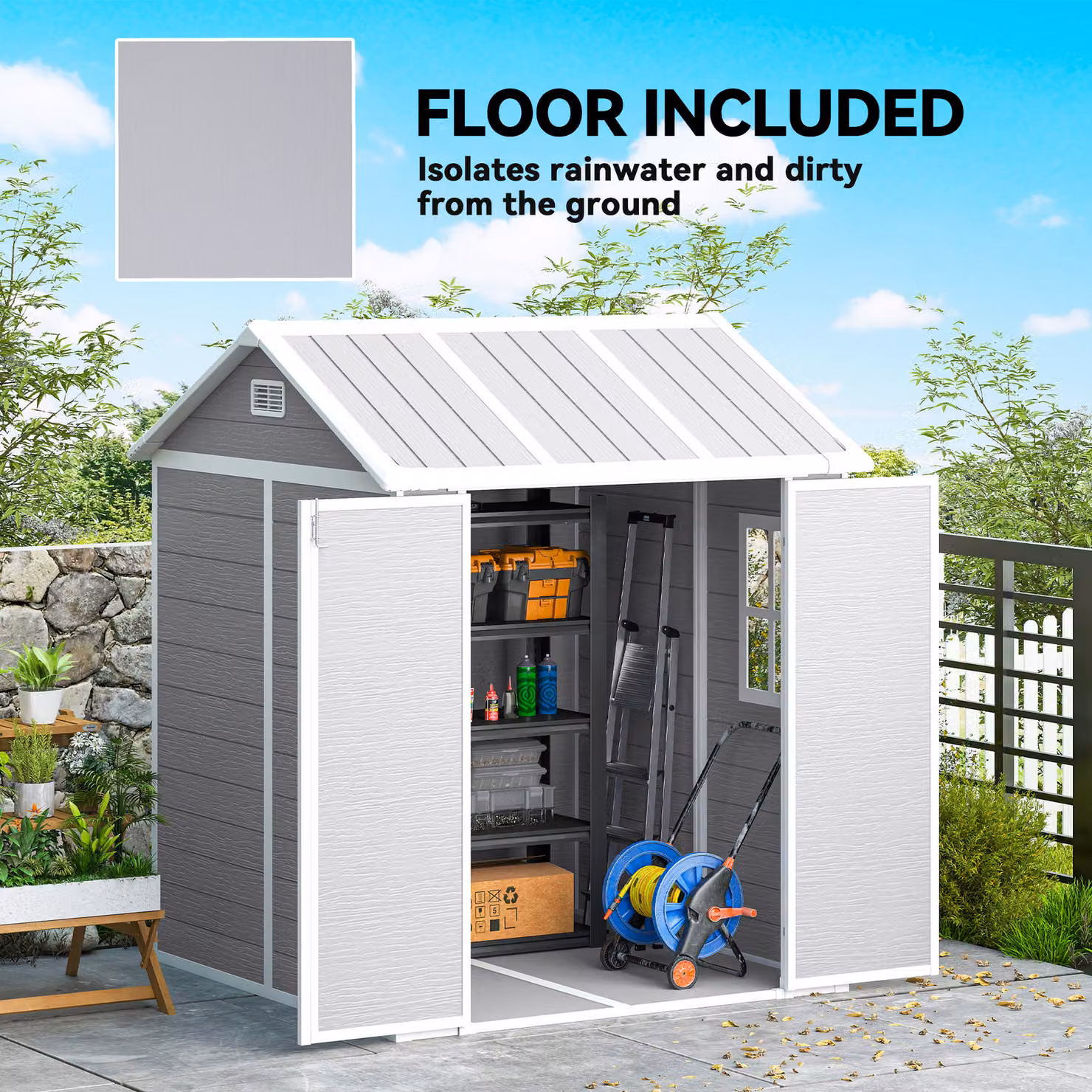 Outsunny Grey Wood Effect Resin Garden Shed with Floor, Lockable Double Doors, Window and Vents, W/D/H: 183 x 183 x 170 cm – 6