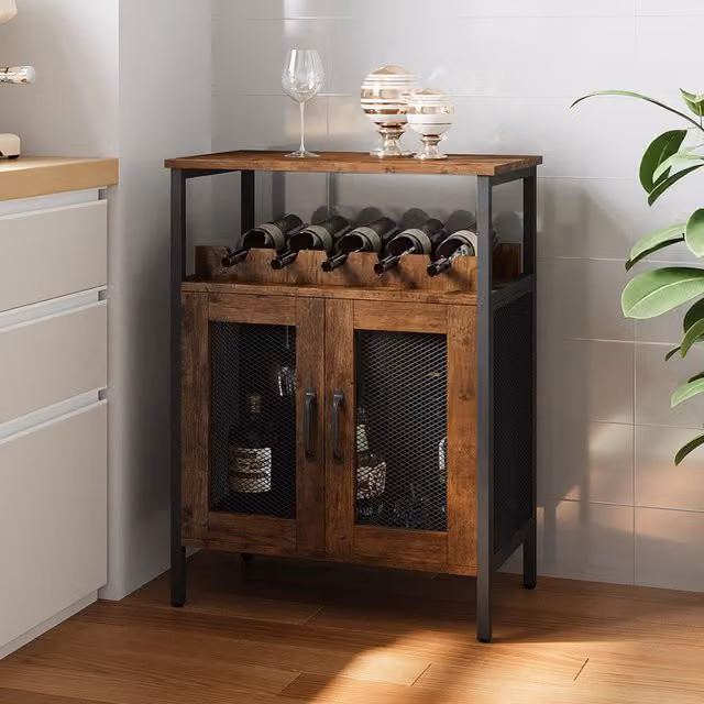 Livingandhome Industrial Wooden Drinks Sideboard in Brown with Stemware Holders