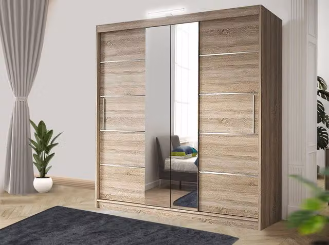 RAC3 Oslo Modern Grey and Light Oak Sliding Bedroom Wardrobe with LED Lighting, Mirror and Internal Drawers, Width: 150 cm