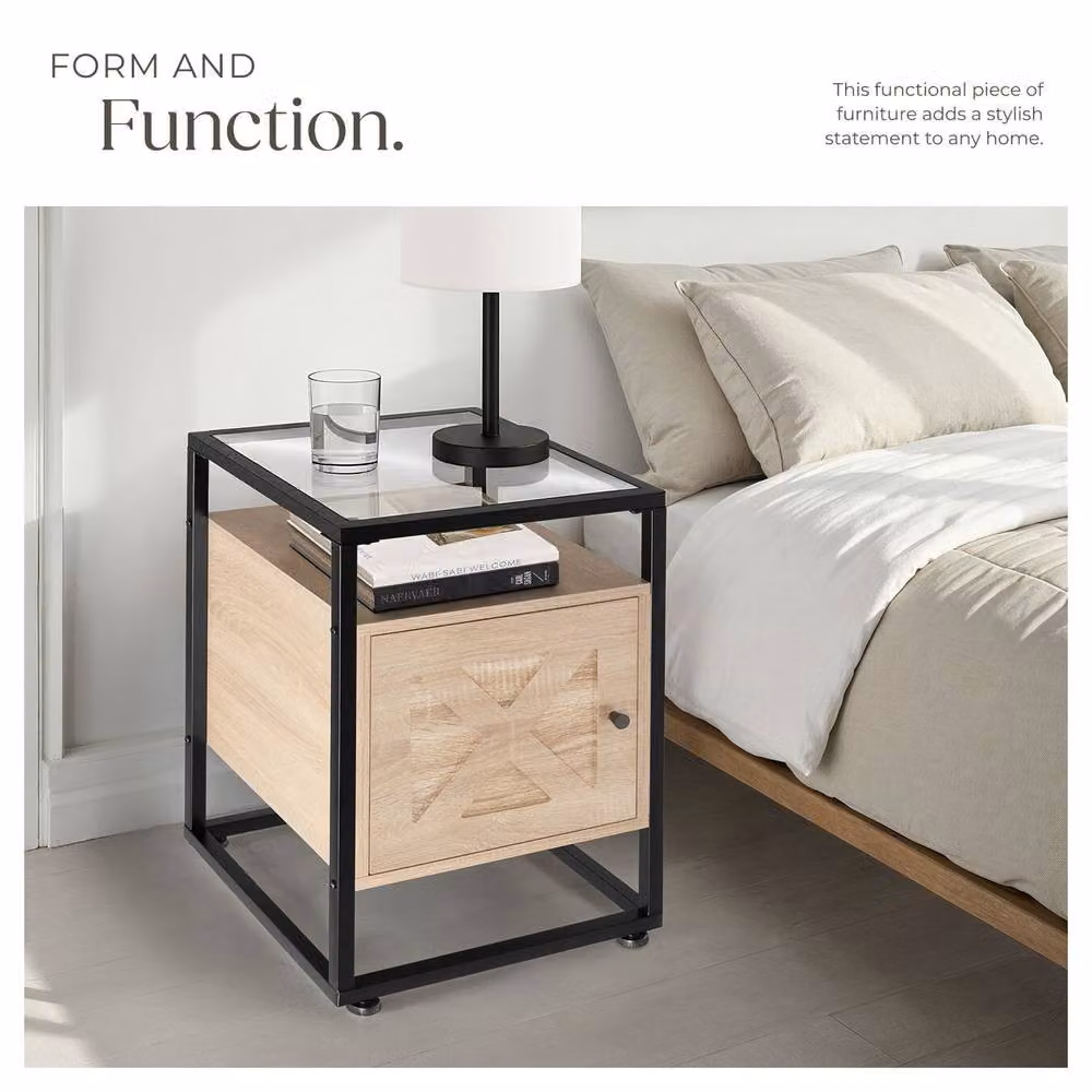 tectake Kidderminster Bedside Table with Shelf and Cupboard in Light Oak, W/D/H: 40 x 43 x 60.5 cm – 5
