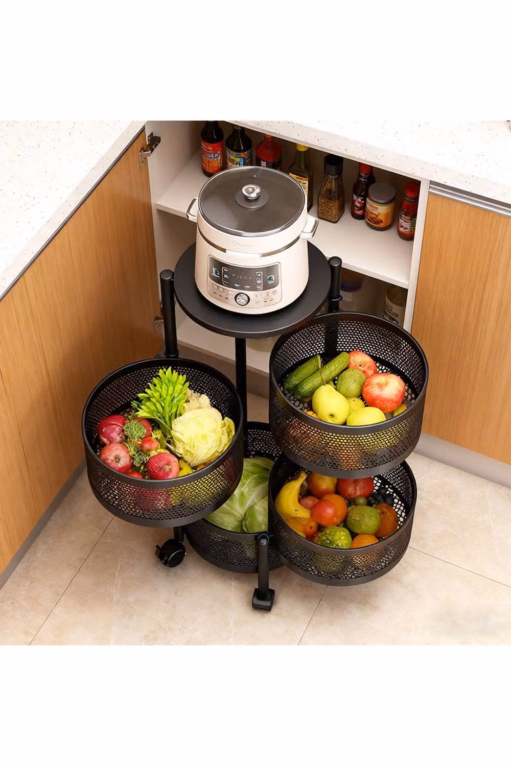 Living and Home Large Kitchen Storage Organiser with Rotating Metal Baskets and Castors in Matt Jet Black – 1