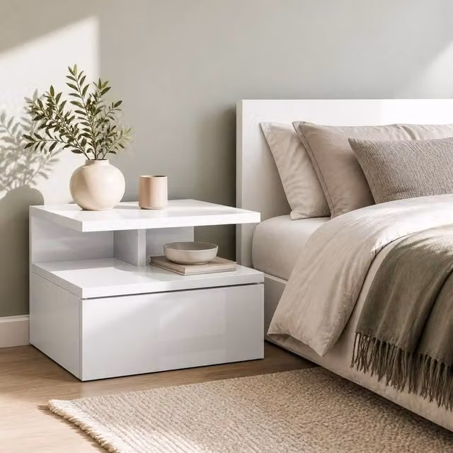 STILVORA Set of 2 White Glossy Wall Mounted Bedside Tables with Drawer and Shelf – 1