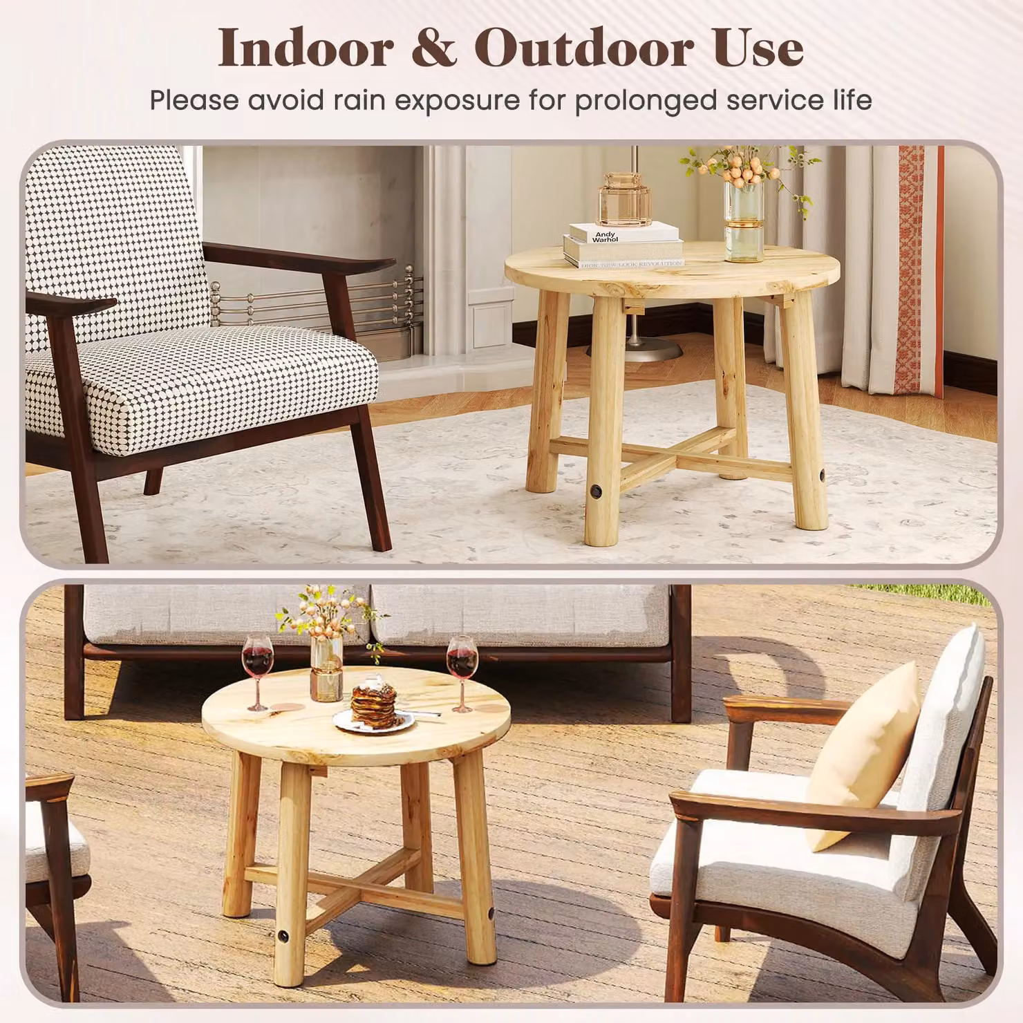 Costway Round Outdoor Side Table with Solid Wood Structure in Brown – 4