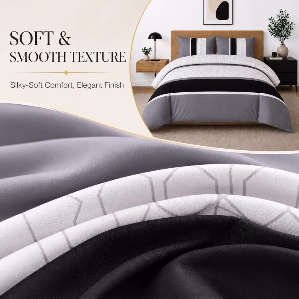 Pamposh Reversible Microfibre Duvet Cover Set in Grey and Black, King Size, 180x200 cm – 6