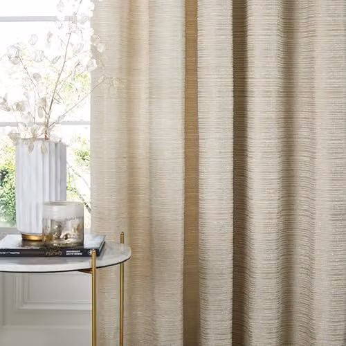 Paoletti Jupiter Chenille Jacquard Eyelet Curtain Pair in Gold, Beige and White, W: 117 cm, H: 137 cm – 2