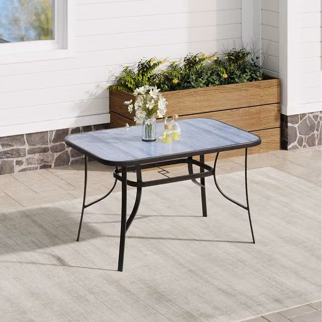 Komore Modern Rectangular Black Wood Effect Garden Patio Table with Tempered Glass and Metal Frame