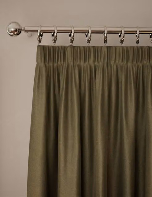 M&S Light Green Velvet Thermal Insulating Pencil Pleat Curtains
