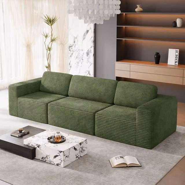 Dprodo Green Corduroy Modular L-Shape Sofa with Matching Ottoman and Removable Covers